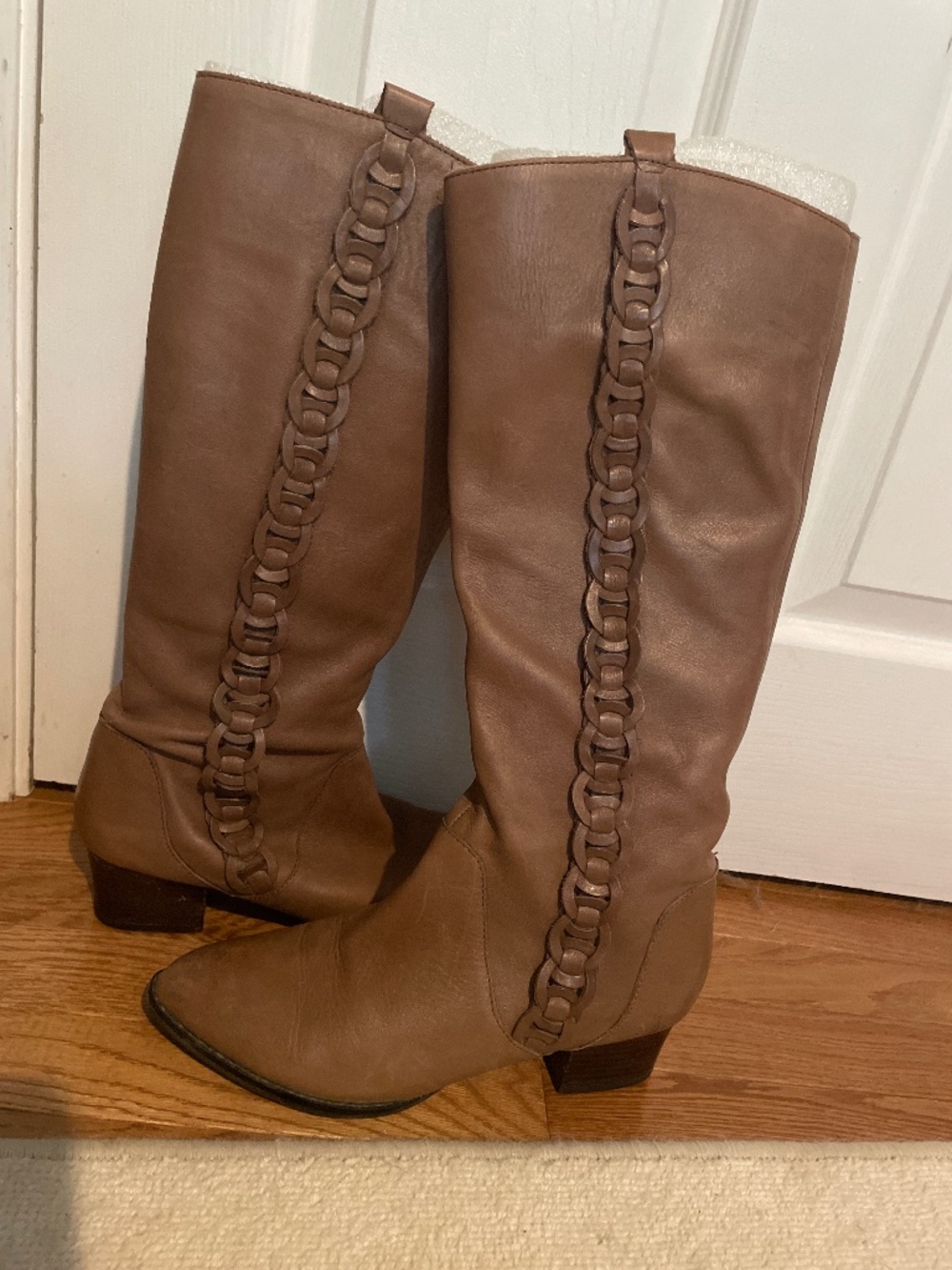 Sole Society Tan Leather Knee-High Boots with Interlocking Ring Detail
